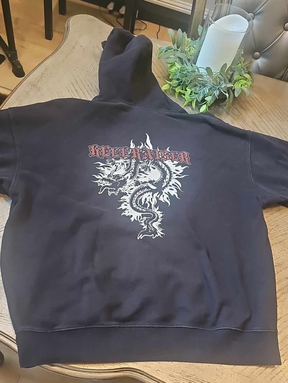 Brandy Melville Black Zip-Up Hoodie with White Dragon Graphic and Red Text OS